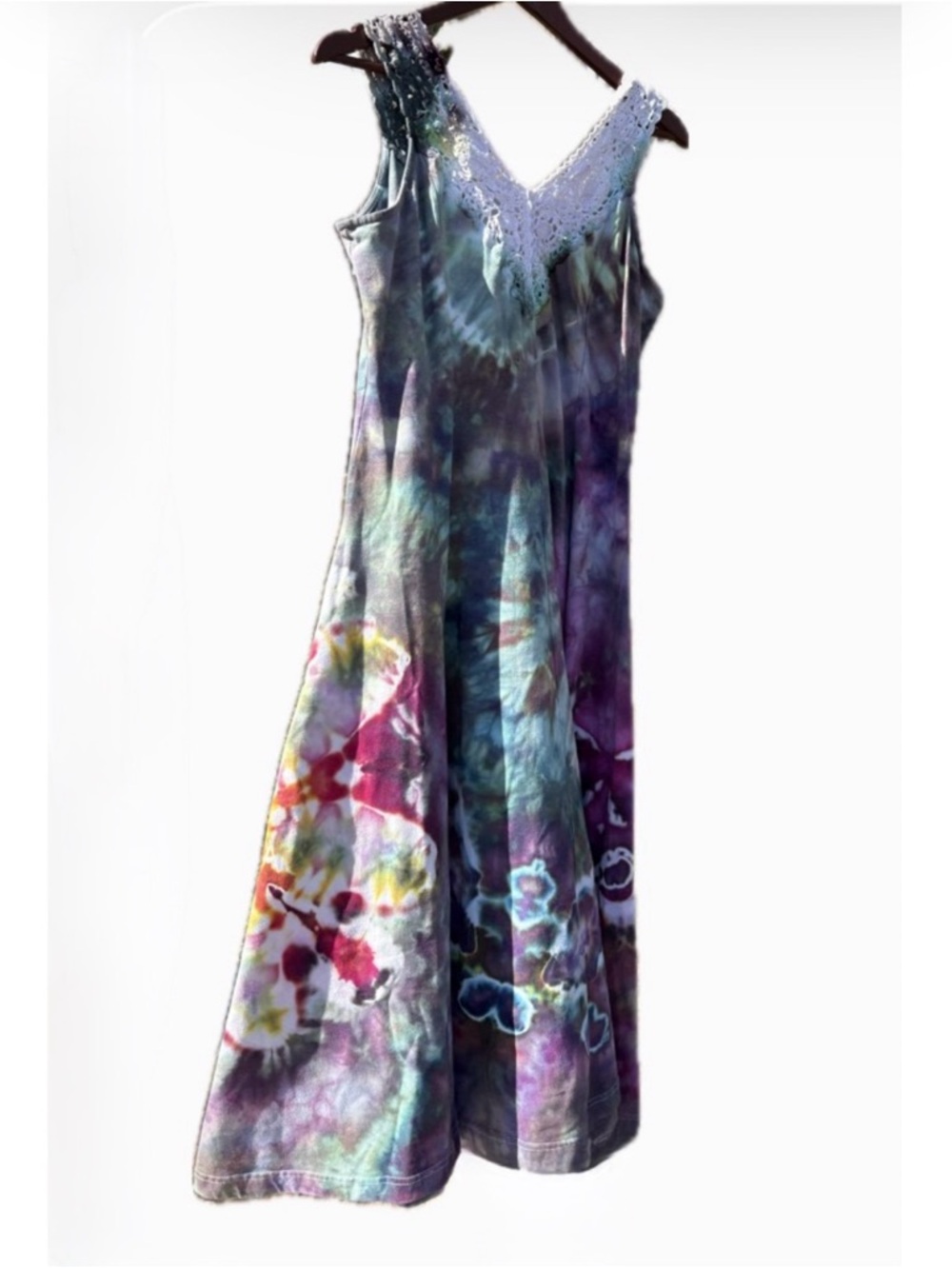 Bohemian Tie-Dye Maxi Dress with Lace V-Neck - Multi